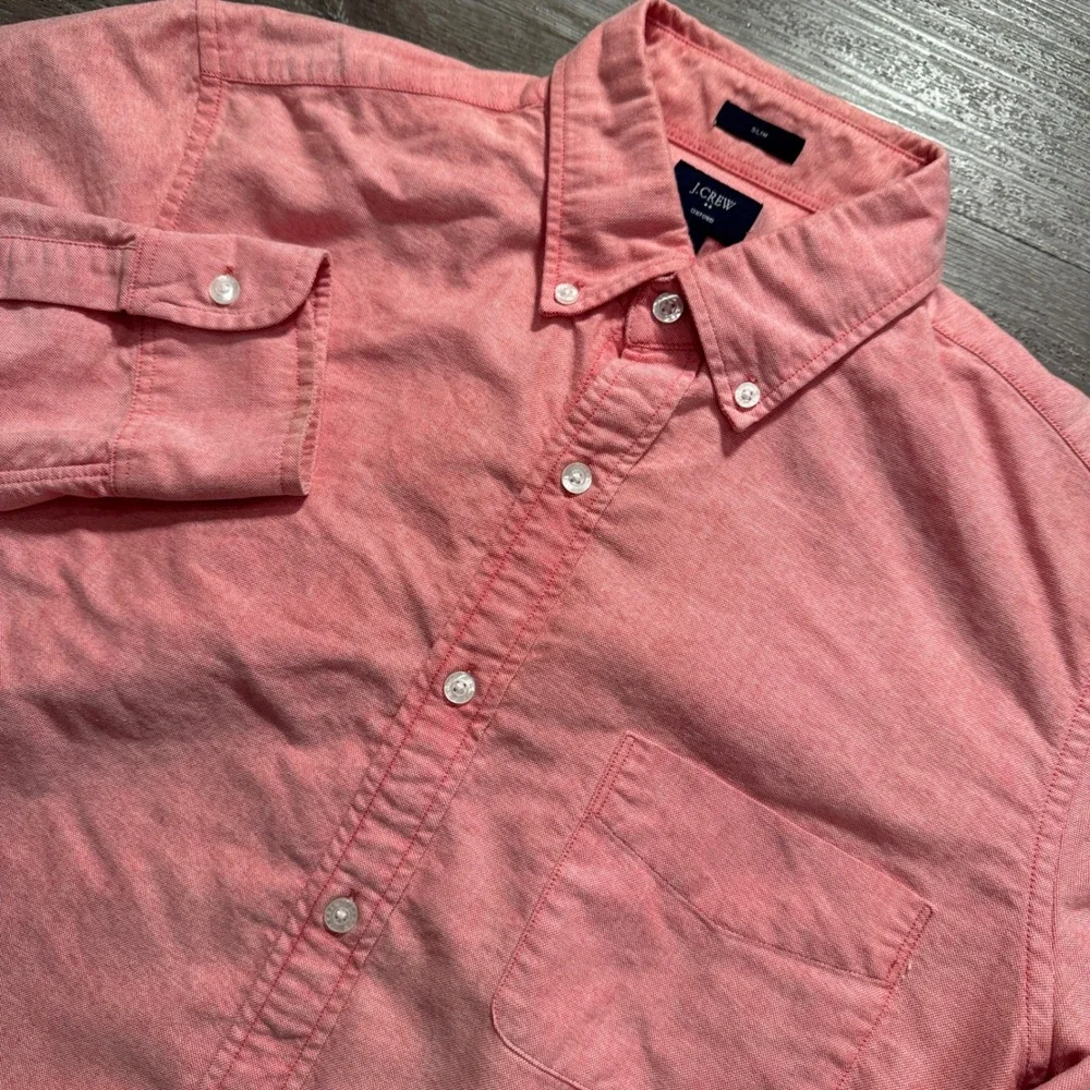 J Crew Shirt Men M Pink Salmon 100% Cotton Oxford Slim OCBD Heritage Preppy Knit